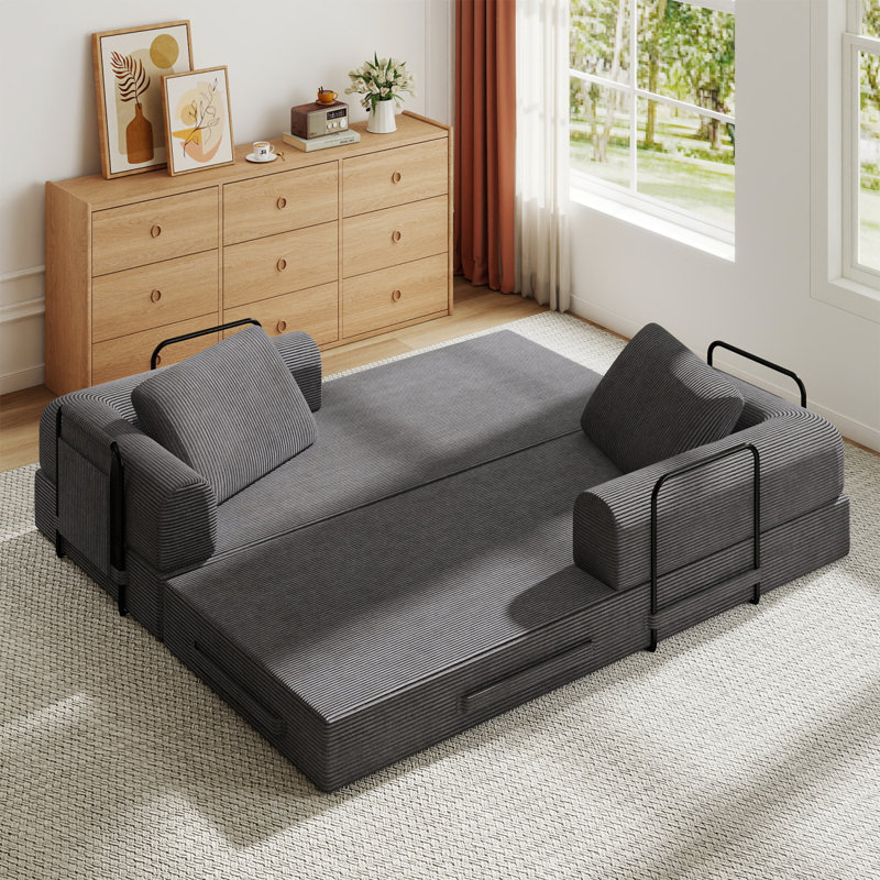 Canapé-lit convertible avec coussin cylindrique et structure de forme fixe, Gris