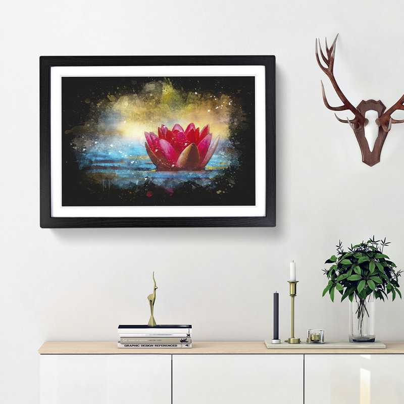 Pink Water Lily Flower Paint Splash - Picture Frame Graphic Art, Black Framed, 45cm H x 63cm W x 2cm D