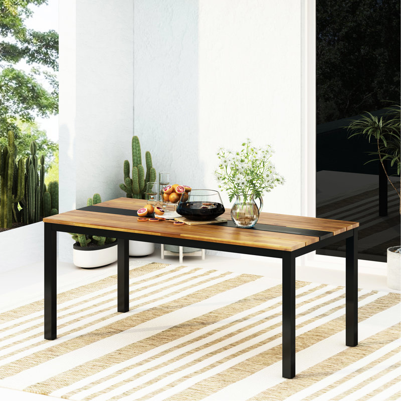 Table de salle à manger avec structure thermolaquée et plateau en bois, hauteur de 29,5 po, profondeur de 69 po, largeur de 35 lattes, couleur principale élégante, 62,78 lb, panneau noir simple, à déchirer