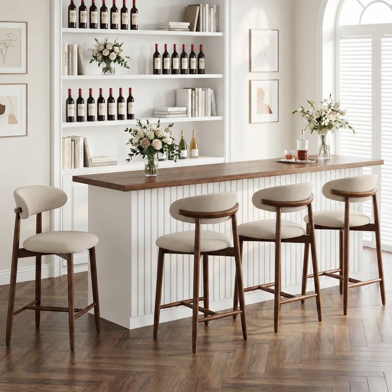 Tabouret de bar rembourré à hauteur de comptoir avec pieds en bois massif, 4, Beige