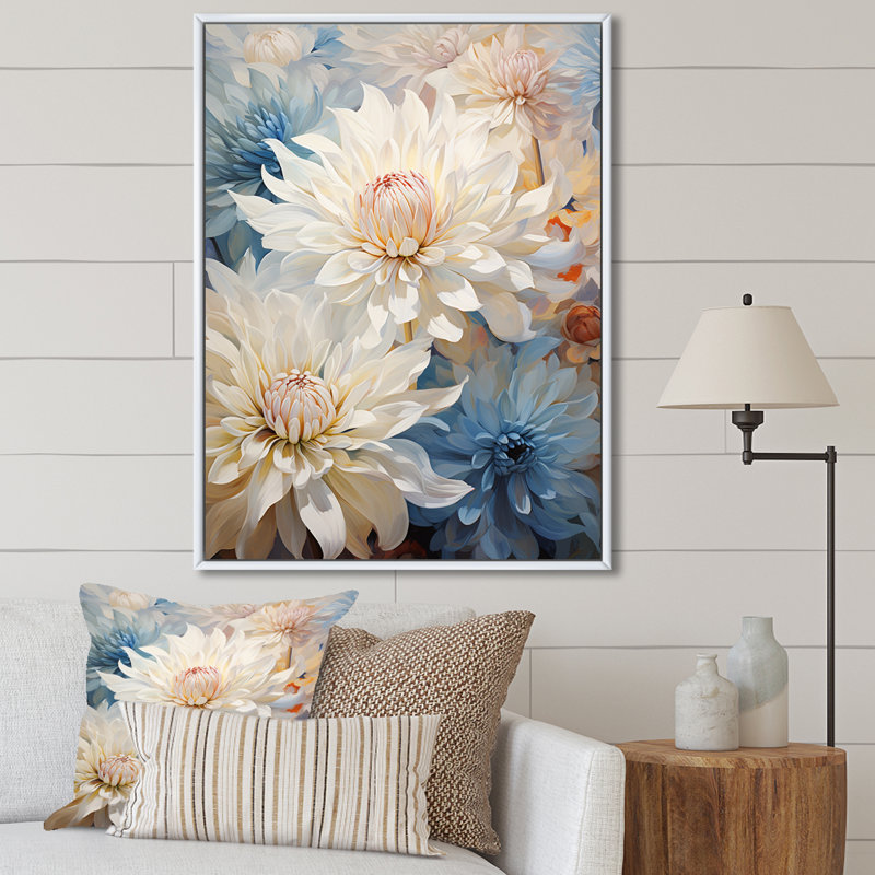 «Blooming Mums» en beige et bleu sur toile, H 32 po x l 16 po x P 1 po, Cadre flottant blanc