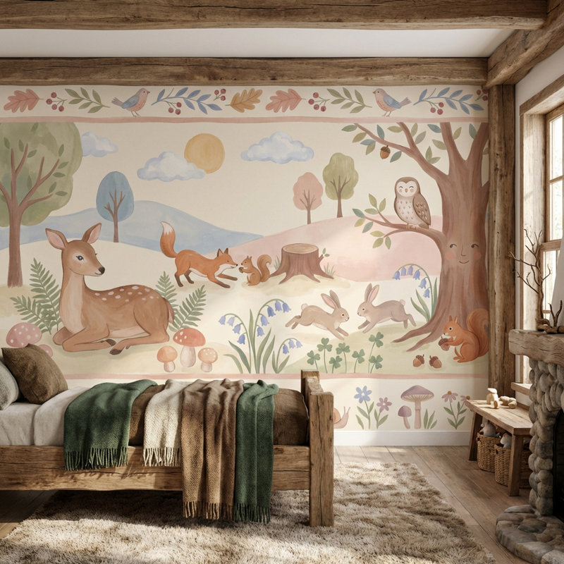 Murale forêt fantaisiste avec papier peint forêt, 120"x96", Peler et coller