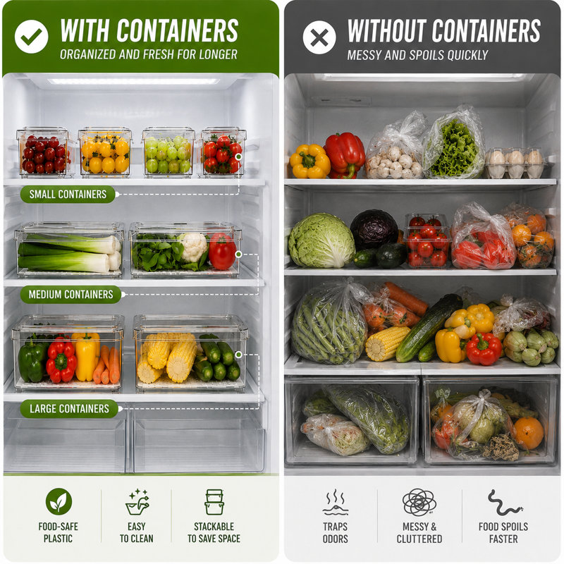 Ensemble de 7 compartiments pour réfrigérateur, bacs de rangement empilables avec couvercles, organisateurs de réfrigérateur sans BPA et contenants de rangement pour fruits, légumes, aliments, boissons, céréales, transparent