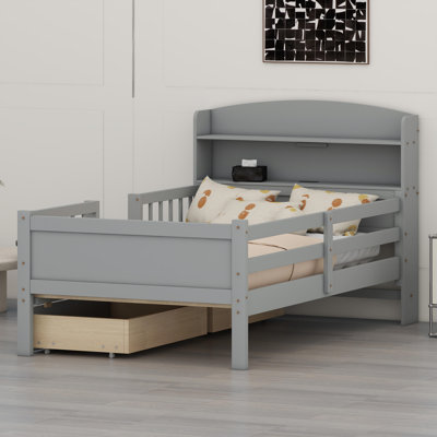 Multifunctional Platform Bed with LED Light, Headboard, Guardrail, and Built-in Drawers