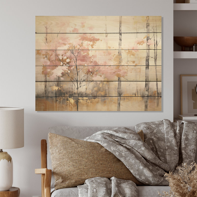 Minimalism Pink And Gold Forest - Forest Wood Wall Art On Natural Pine Wood, 10" H x 20" W