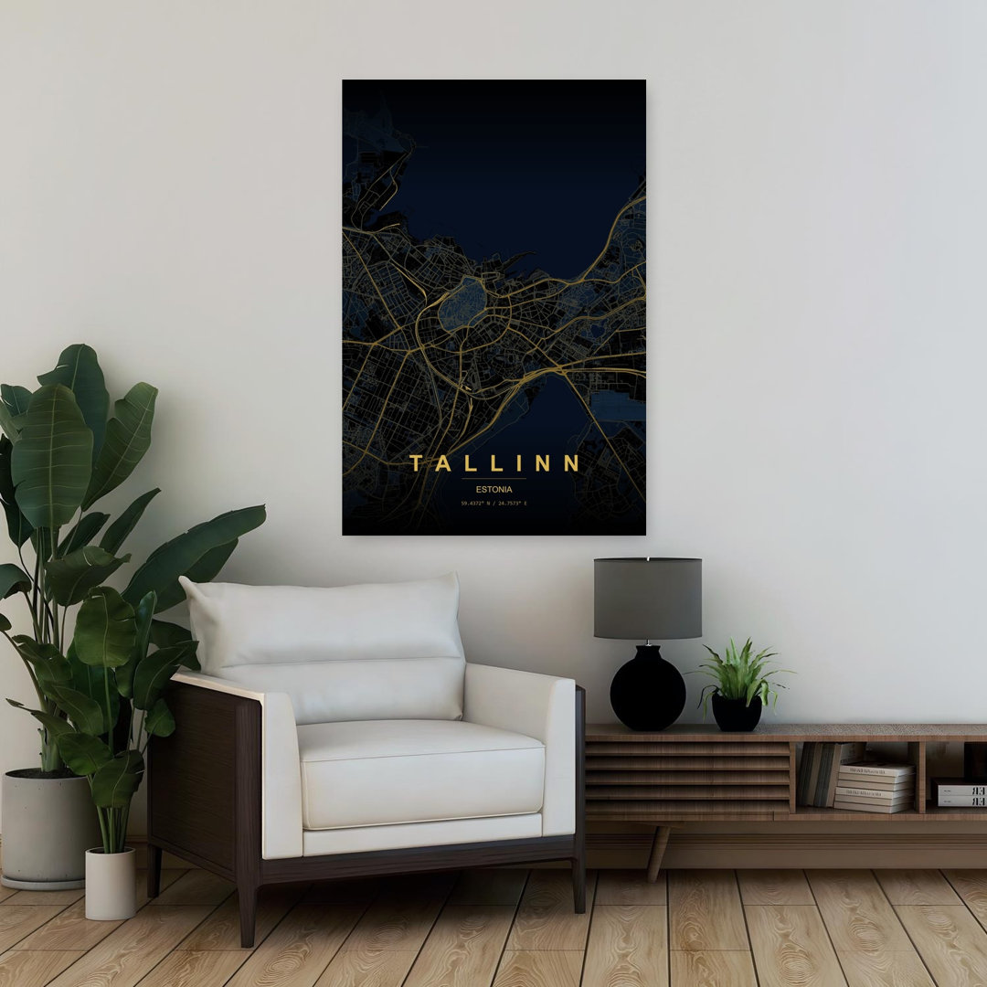 Tallinn Golden City Map Abstract Minimalist Modern City Wall Art Print