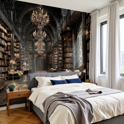 Vintage Peel and Stick Wallpaper Vaulted Ceiling Library Ornate Chandeliers Stained Glass Wall Murals 100"H x 144"W Removable PVC Wall Paper Self-Adhesive Wall Decor for Bedroom Dorm Classroom Reading Corner