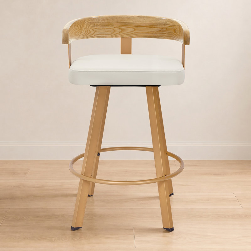 Tabouret tournant 29,5 "avec dossier en bois massif et siège rembourré, Naturel, Siège beige