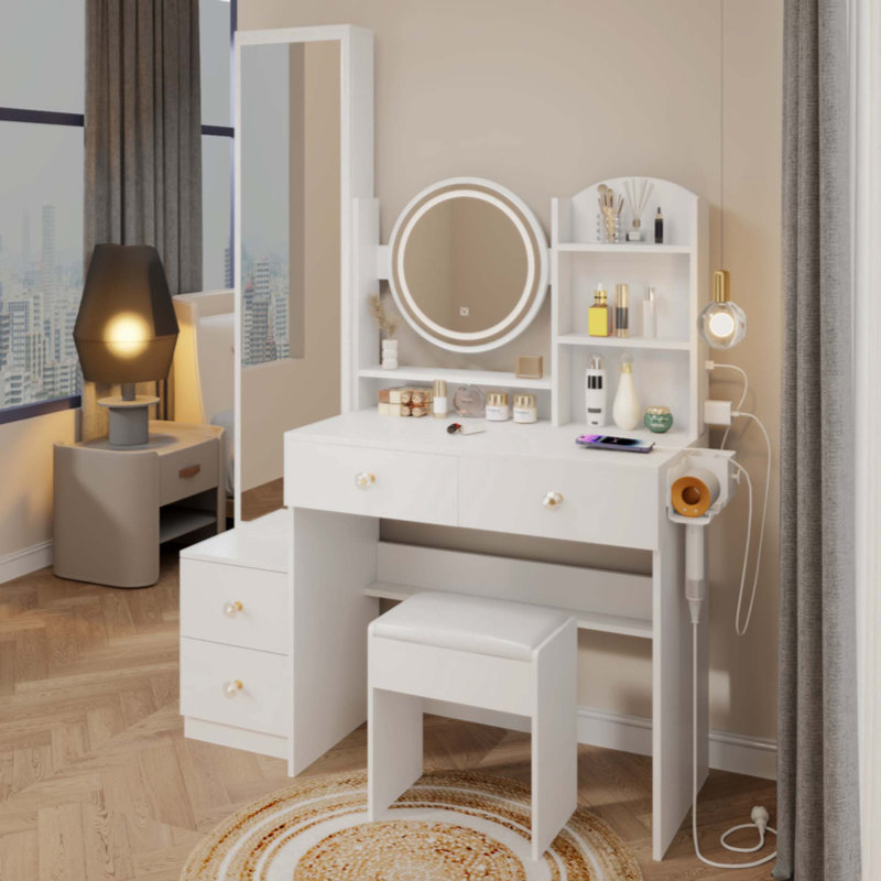 Full Body Mirror Cabinet Vanity Set with LED Vanity Table & Cushioned Stool | 17" Touch Control 3-Color LED Mirror, Built-in 2 AC + 2 USB Ports