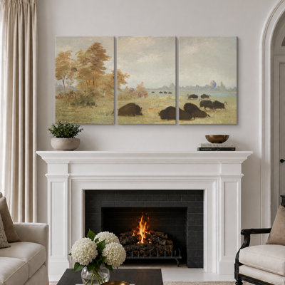 «Rustic Prairie Buffalo Landscape», art de bureau, impression sur toile encadrée 3 pièces 