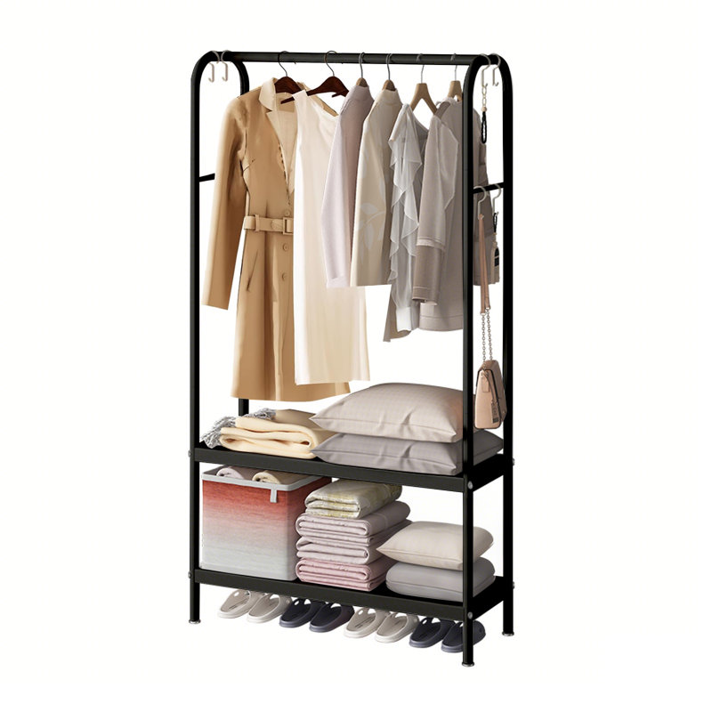 Portant à vêtements robuste, support à vêtements en métal avec tablettes à 2 niveaux pour garde-robe, Noir, noir, noir, noir