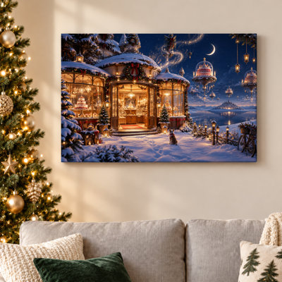 Magical Bakery Shop With Floating Cakes In Snowy Christmas Canvas Wall Art