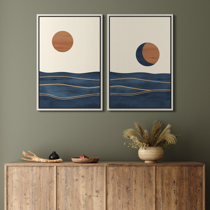 Sun And Moon " Abstract Sun Over Blue Watercolor Ocean Waves Modern Minimalist Landscape " 2 - Pieces, 36" H x 24" W