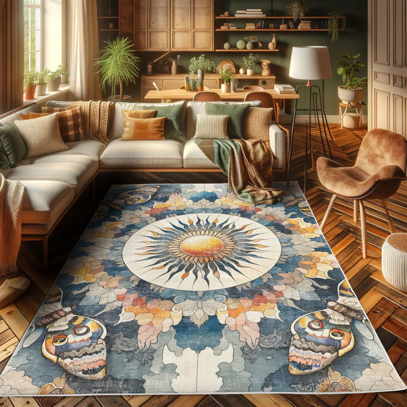 Bohemian Blue Sun and Moth Synthetic Area Rug 2'3" x 3'9"