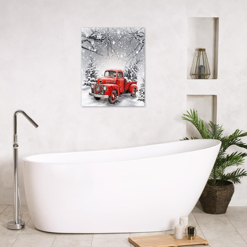 Arbre enneigé enneigé sur un camion rétro, art mural 16 po x 20 po