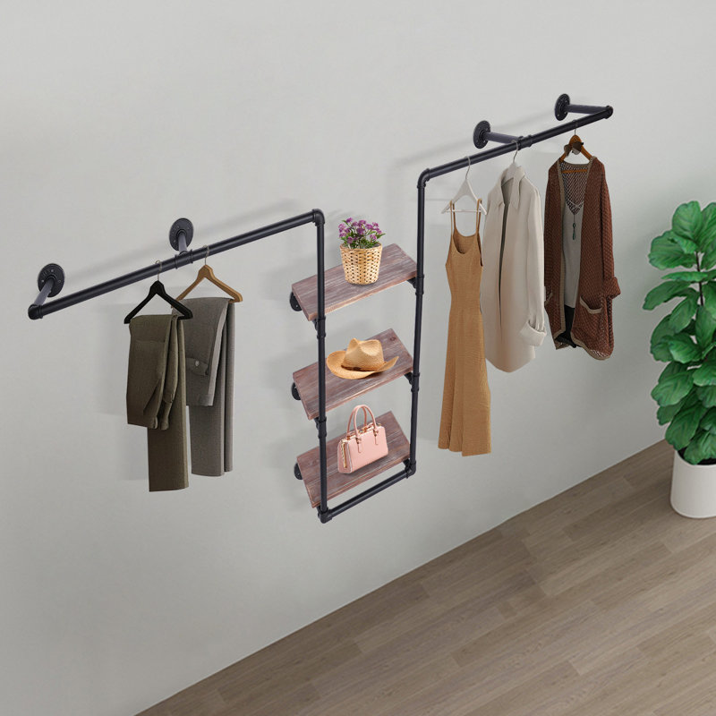 Anishka 86.61'' Wall Mounted Clothes Rack, Black/Wood