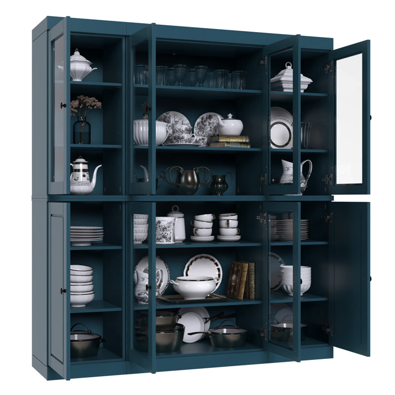 Jango 100% Solid Wood 65" Pantry Cabinet with Clear Glass, Solid Doors and Adjustable Shelves, Teal Blue
