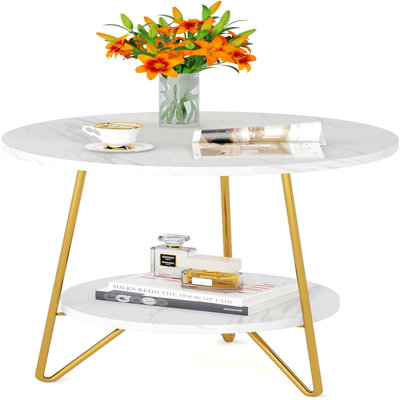Table de bout ronde en faux marbre 18,7 po, table d'appoint ronde blanche et dorée à 2 niveaux, petite table basse ou table de chevet moderne pour salon, chambre à coucher, appartement, dortoir