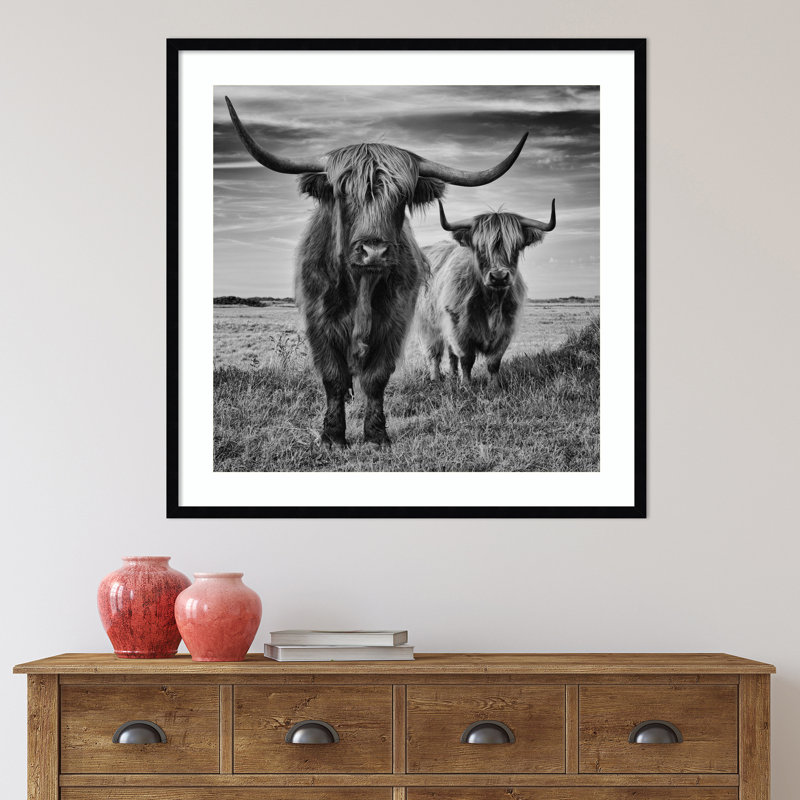 «Highland Cow Couple» par Stephane Pecqueux, reproduction d'art murale en bois encadrée, H 41 po x l 41 po x P 1 po