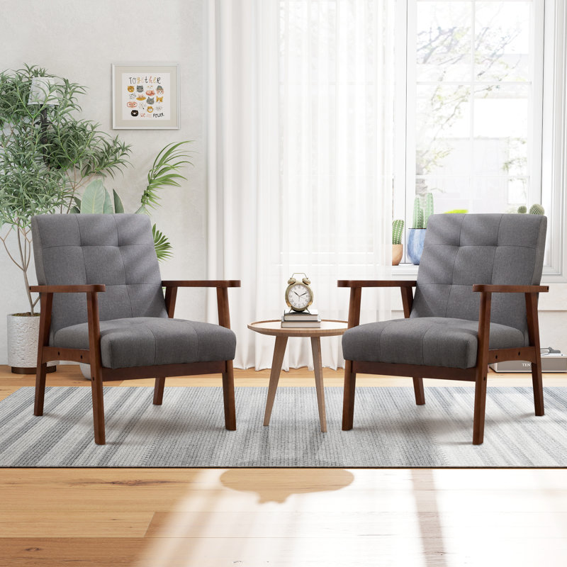 66cm wide Mid-Century Accent Chair With Wooden Armrests & Tufted Upholstered Seat (Set of 2), Grey