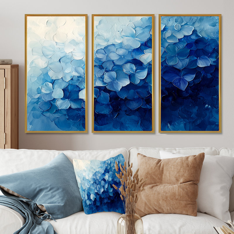 Velours hortensia lignes de grâce - art mural hortensia - ensemble de 3, H 28 po x l 36 po, Doré