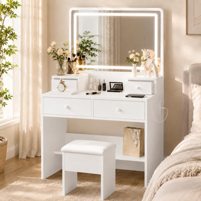 Makeup Vanity Desk with Lighted Mirror Charging Station and Storage Chair