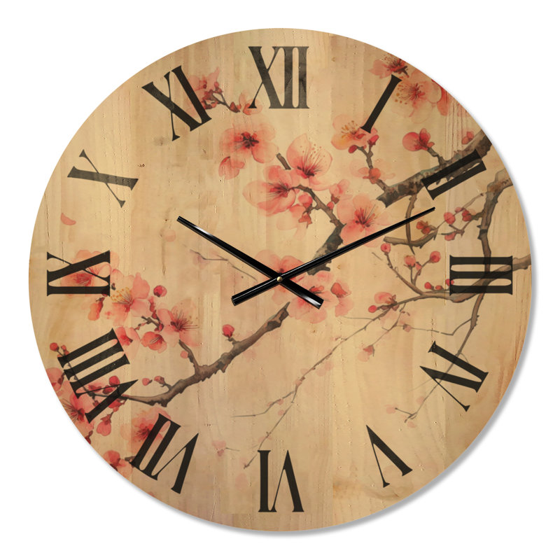 Grande horloge murale florale en bois silencieux - branche de cerisier en fleurs, Medium