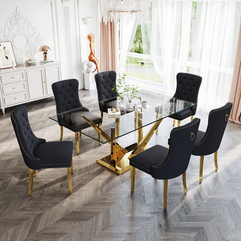 Glass Top Metal Base Dining Table With 4 Velvet Dining Chairs,5 - Piece Pedestal Dining Set, Gold, Black/Gold