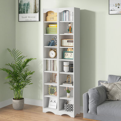 Ensemble de 2 bibliothèques hautes et étroites avec tablettes réglables, étagère de rangement mince à 8 niveaux avec dispositif anti-basculement, étagère de rangement sur pied pour petits espaces