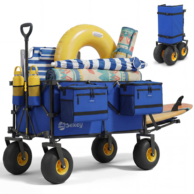 Chariot de plage robuste Sekey avec de grandes roues à l'épreuve du sable de 9 po, chariot de plage pliable surdimensionné de 300 l avec glacière | Poignée réglable et pneus ballon pour le sable, le camping, les vacances