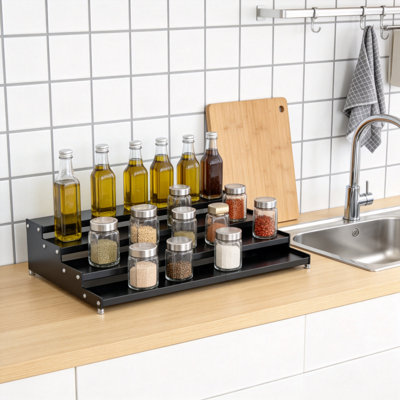 Expandable Step Spice Rack, Space-Saving Organizer (Black)