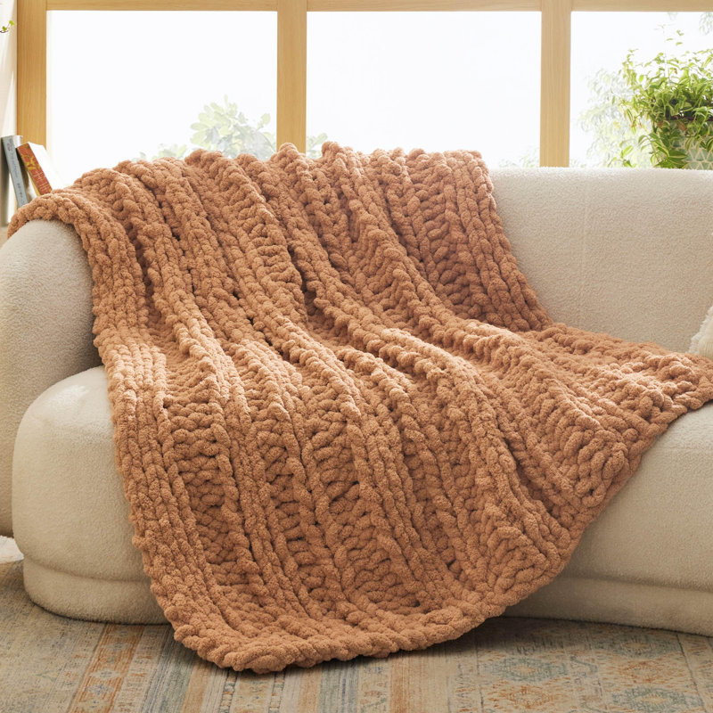 Essential Bedsure 100% Hand Knit Chenille Chunky Throw Blanket For Couch, Orange