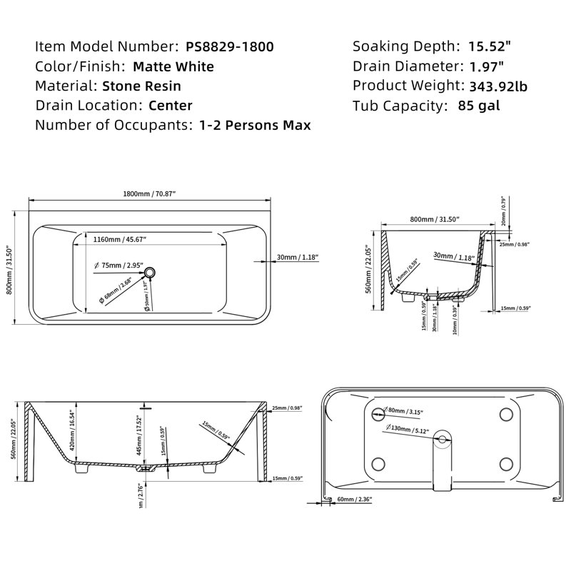 71" Rectangular Back To Wall Freestanding Soaking Solid Surface Bathtub, Matte White Stone Resin Bath Tub With Overflow & Pop-up Drain For Bathroom