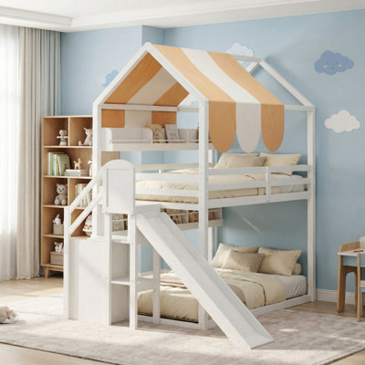 Lit superposé double au-dessus de double en bois massif, lit double pleine grandeur avec auvent, glissoire et bibliothèque intégrée pour la chambre à coucher