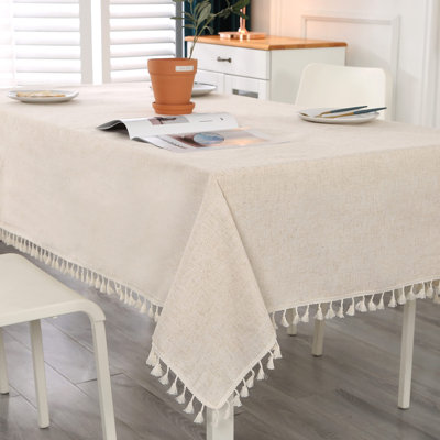 Beige Rectangular Cotton Linen Tablecloth with Tassel, Washable, Perfect for Kitchen, Dining, Parties