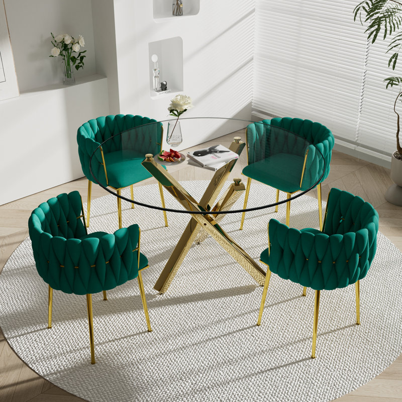 Ensemble de salle à manger Ayron, table de salle à manger avec pieds croisés et chaise de salle à manger en velours, Vert