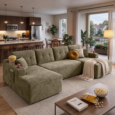 133" W U-Shaped Modular Sectional Sofa with 2 Chaises, Deep-Seat Corduroy Cloud Couch