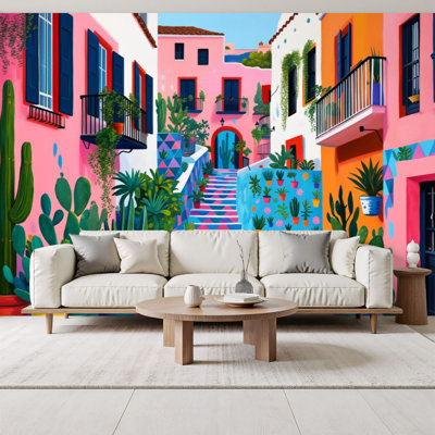 Papier peint adhésif boho coloré avec cactus bordé d'escalier entre maisons pastel, peintures murales géométriques H 69 po x l 96 po, papier peint amovible en PVC, peinture murale auto-adhésive, décoration pour le salon de la chambre à coucher