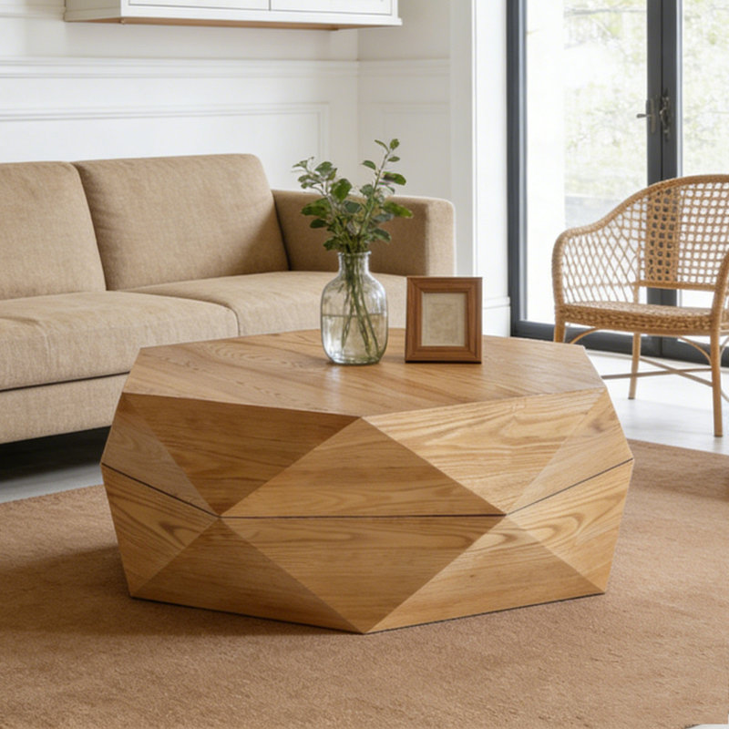 Table basse 36,61 po style rétro Polygon, table basse cylindrique en placage de bois massif, Naturel
