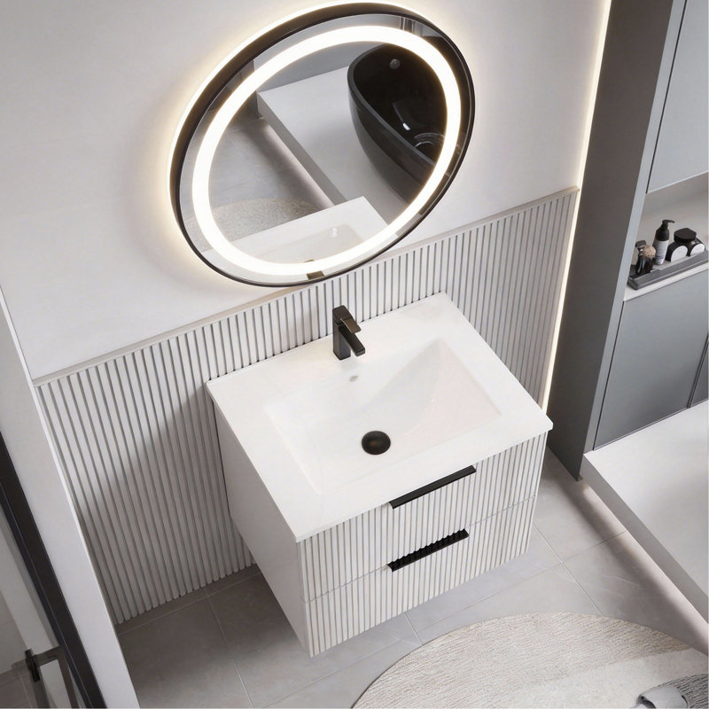 Meuble-lavabo 30 po avec lavabo en céramique - Meuble-lavabo mural flottant cannelé avec tiroirs, moderne, Antique Gray, 30"