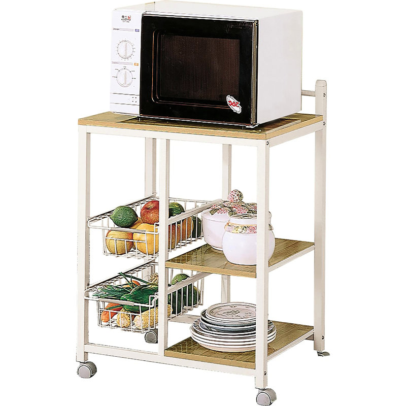 Rectangular Natural Brown And White Kitchen Cart, Shelf For Appliances, Storage With Shelves Wire , 4 Movable Piece Toaster Oven Shelf, Storage, Transportable, Contemporary