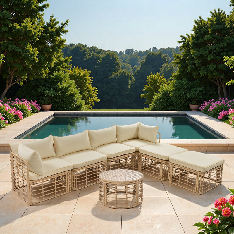7 Pieces Outdoor Patio Rattan Sectional Sofa Set With Thick Cushions, Pillows, Hollow Woven Design And Adjustable Feet, Brown