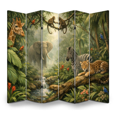 Cloison pliante 6 panneaux paravent jungle royale animaux sauvages éléphant zèbre verdure chambre de bébé toile séparateur de cloison de protection autoportante