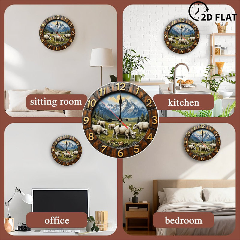 Wooden Sheep Mountain Clock Wall Decor