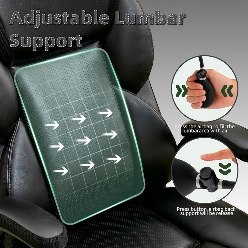 Executive Office Chair - Adjustable Inflatable Lumbar Support, Flip Up Arms, Heavy Duty Metal Base, Breathable PU Leather Ergonomic High Back Computer Chair Desk Chair, Thick Padded | Black