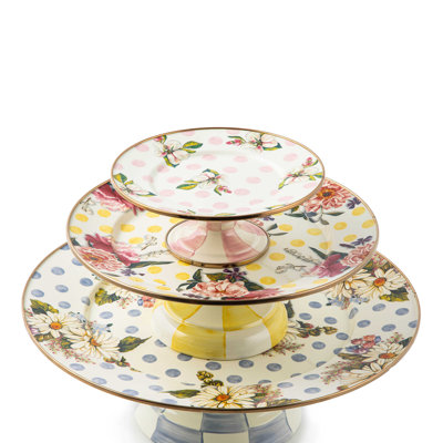 Mackenzie-childs Wildflowers Mini Pedestal Platter In Light Pink,white,green,gold