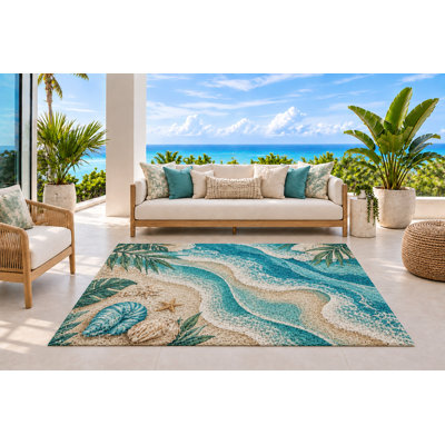 Tapis d'extérieur 152 x 213 cm, motif littoral avec coquillages de nautile et écume de mer, moquette bouclée en PVC imperméable, résistante et à séchage rapide, idéale pour porche, terrasse, balcon ou entrée.