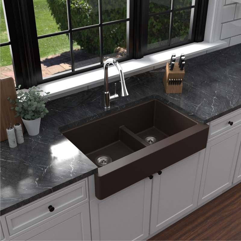 Karran Retrofit Farmhouse/Apron-Front Quartz Composite 34'' X 21-1/4'' 60/40 Double Bowl Kitchen Sink, Matte Brown