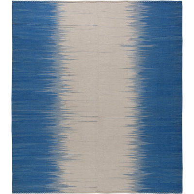 Tapis turc moderne en laine beige et bleu 9 pi 9 po x 11 pi Modern