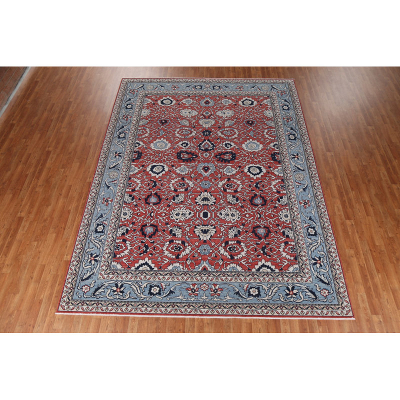 Tapis rouge / beige / bleu clair en laine noué à la main de conception unique 9 pi x 11 pi 9 po